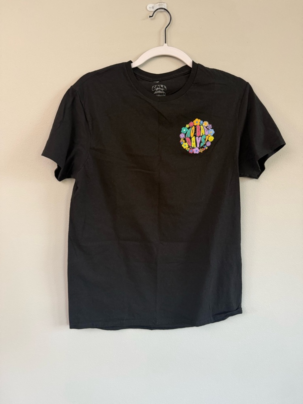 Black Short-Sleeve Tee with Colorful Floral Chest Logo